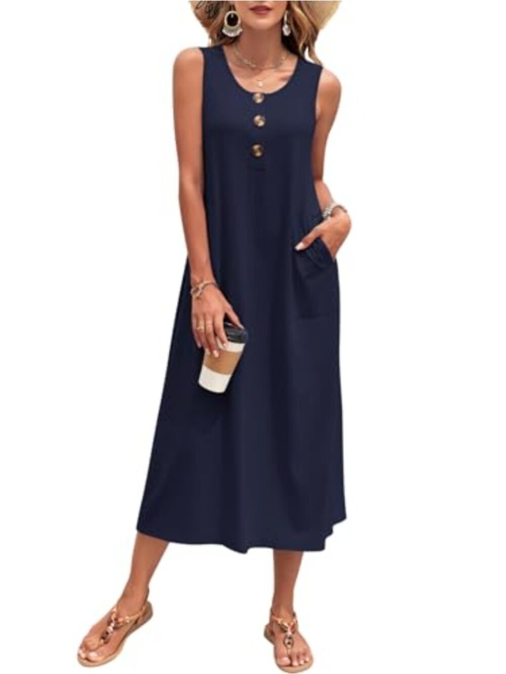 Sleeveless A-Line Maxi Sun Dress with Pockets, 90% Polyester 10% Spandex, Crew